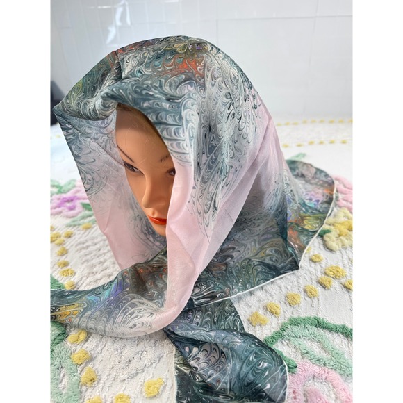 Accessories - Vintage 100% Silk Scarf Hand Rolled Made in Japan Pink Green Marbled Print 31x31